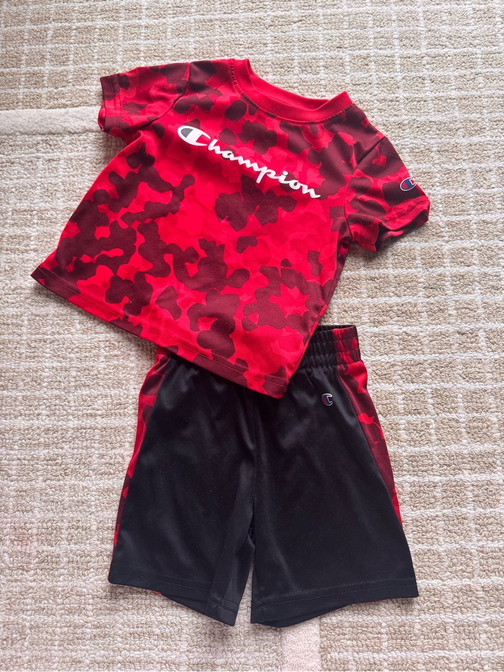 Champion Red Camo Tee with Black Athletic Shorts - Kids Set